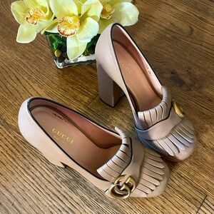 Gucci Tan High Heel Kiltie Fringe Platform Loafers - Size 5.5/35.5